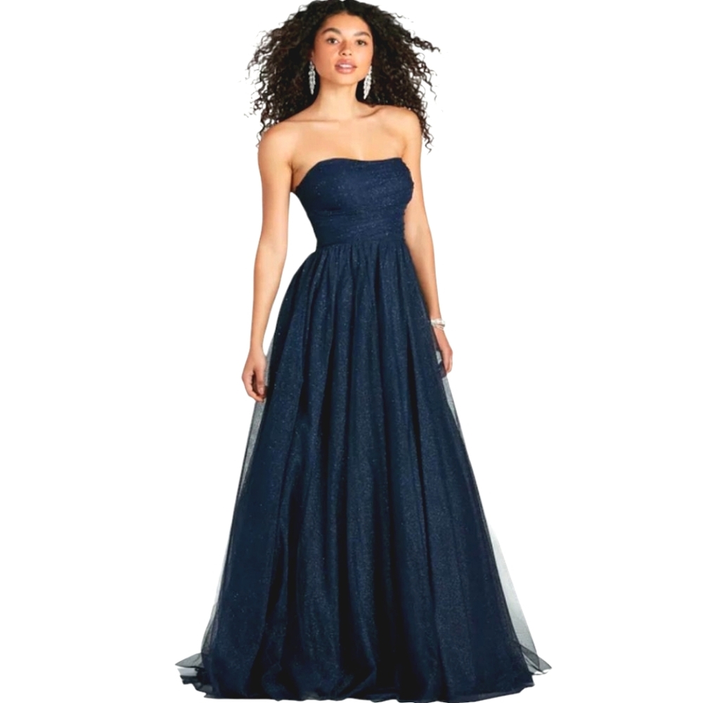 Windsor Elegant Navy Blue Glitter Strapless Tulle Ballgown